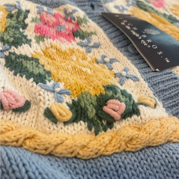 Vintage BIRCH BROS chunky cottage Floral Knit Cardigan - Blue and Yellow - Picture 8 of 10